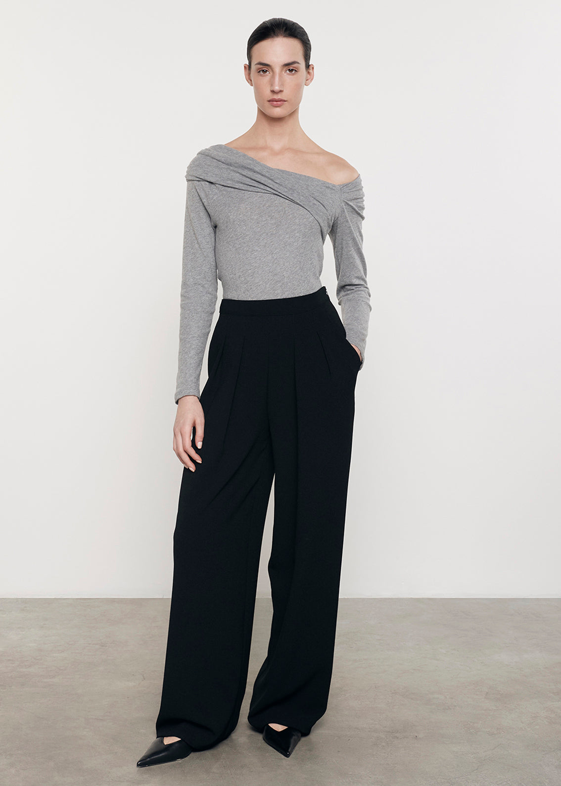 Cashmere One-Shoulder Drape Top | Smoke