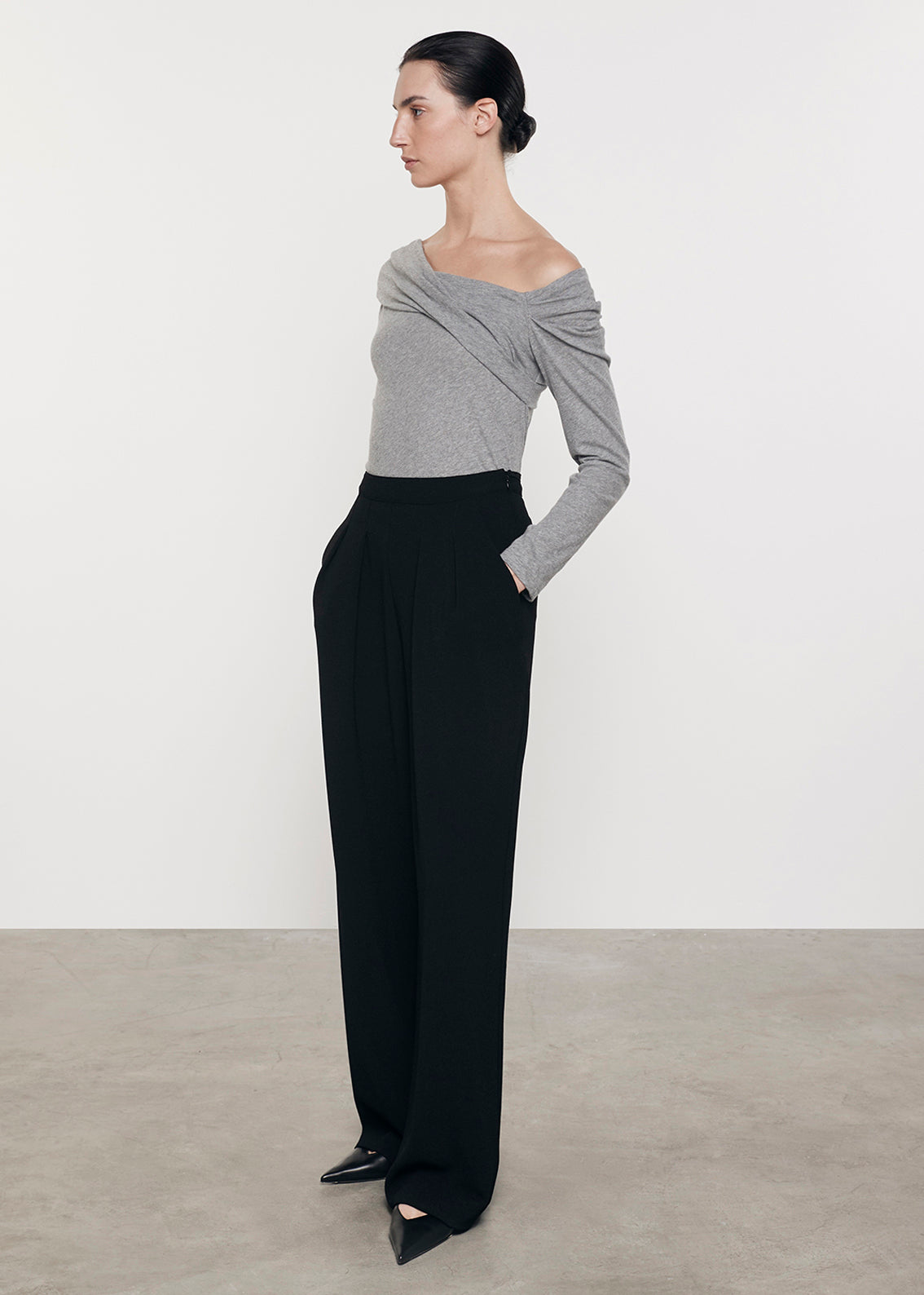 Cashmere One-Shoulder Drape Top | Smoke