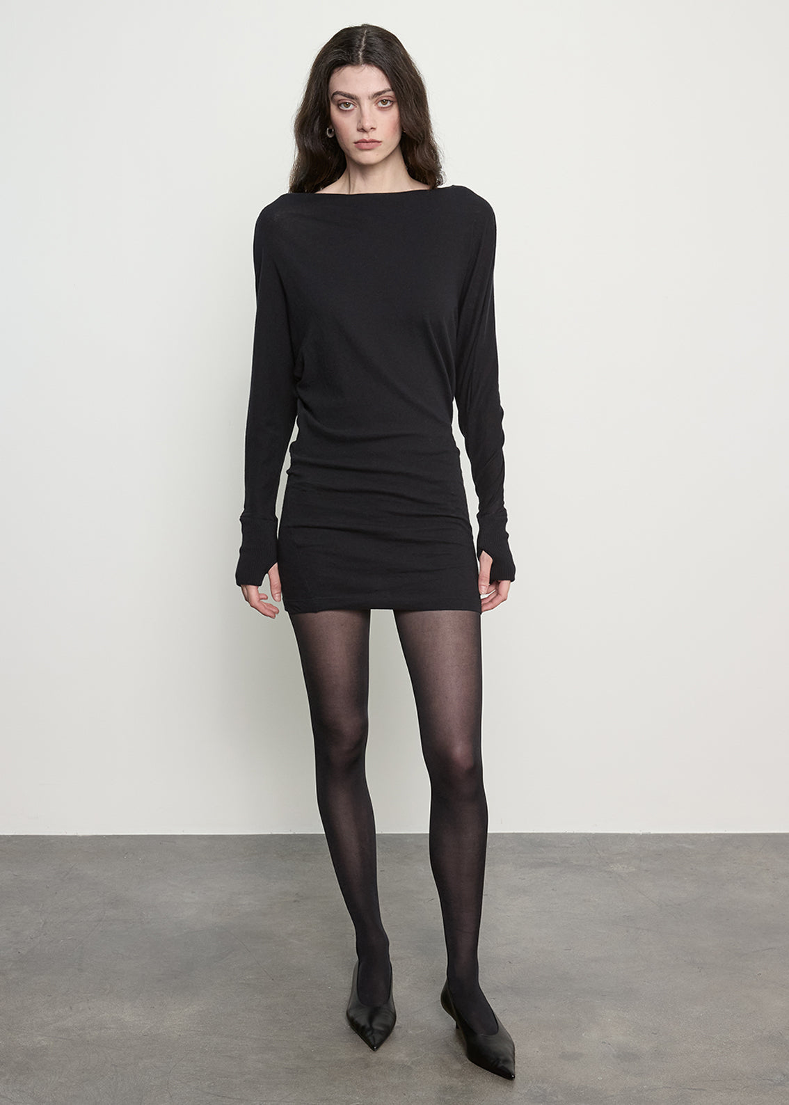 Fine Cashmere Jersey Dolman Curve Dress | Black