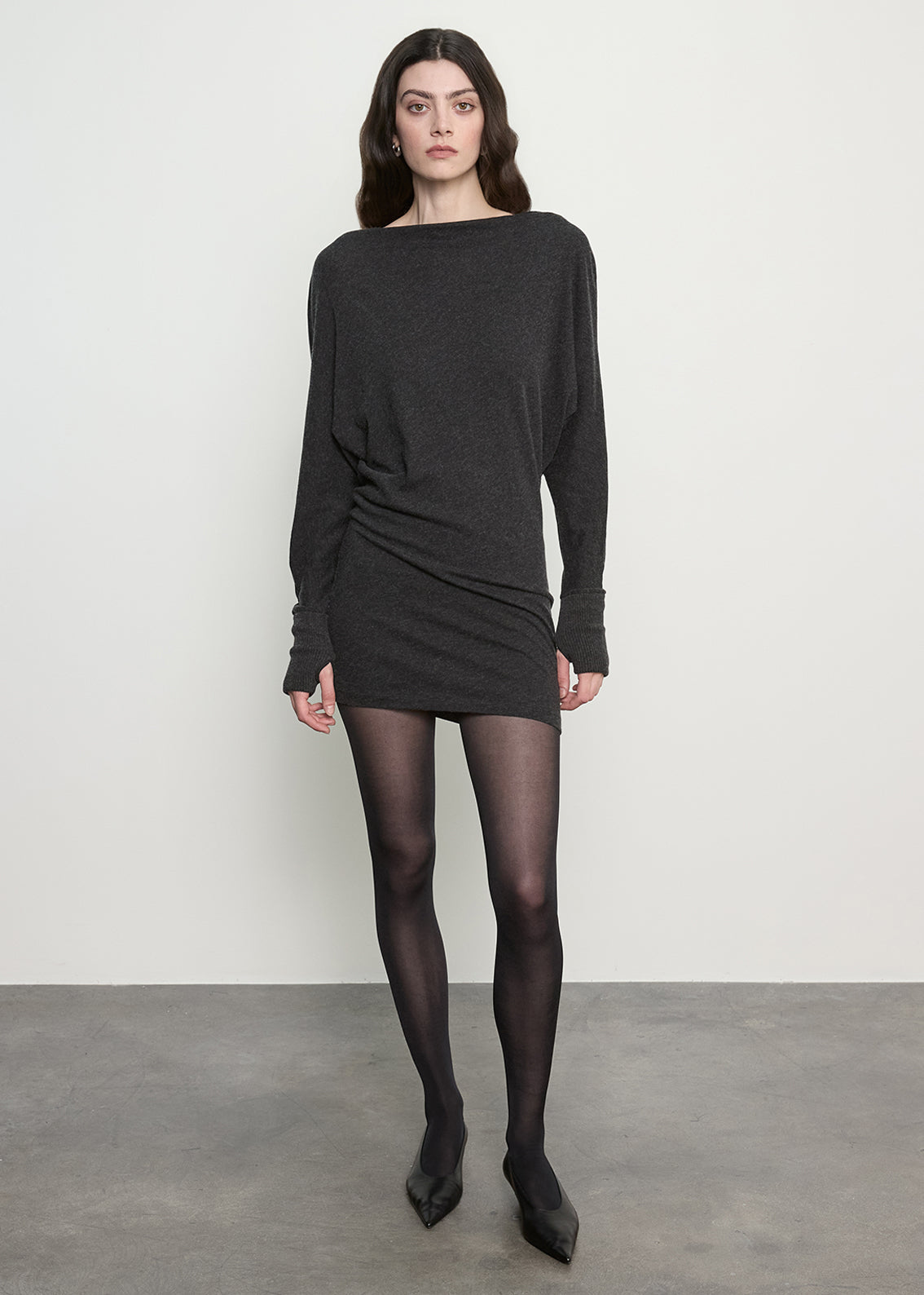 Fine Cashmere Jersey Dolman Curve Dress | Charcoal