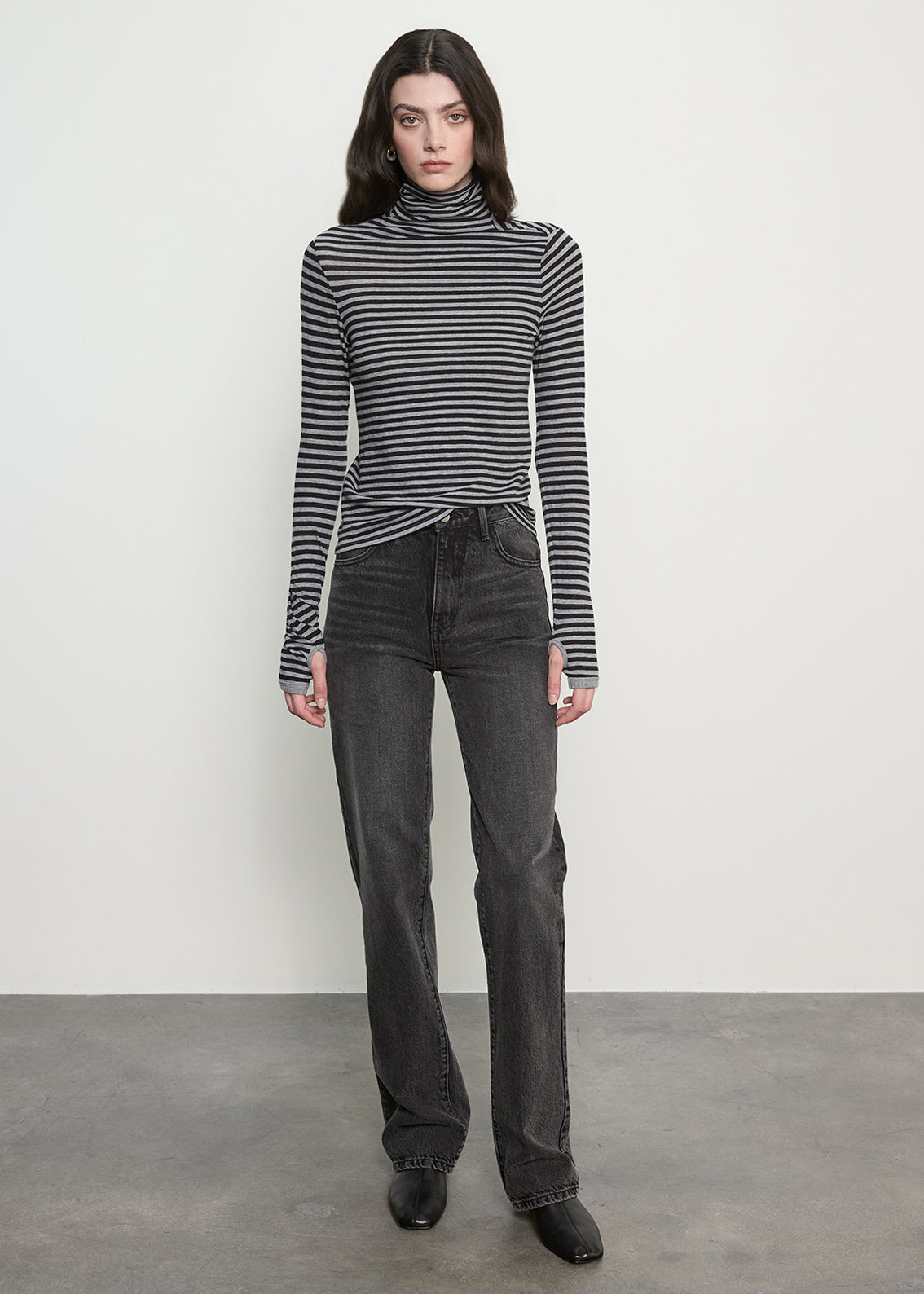 Cashmere New Classic Turtleneck in Mini Stripe | Smoke/Black