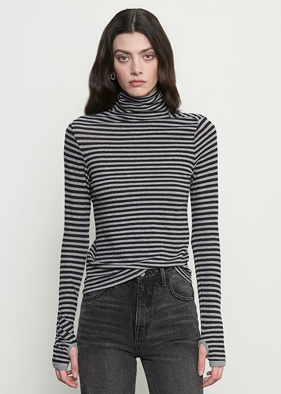 Cashmere New Classic Turtleneck in Mini Stripe | Smoke/Black