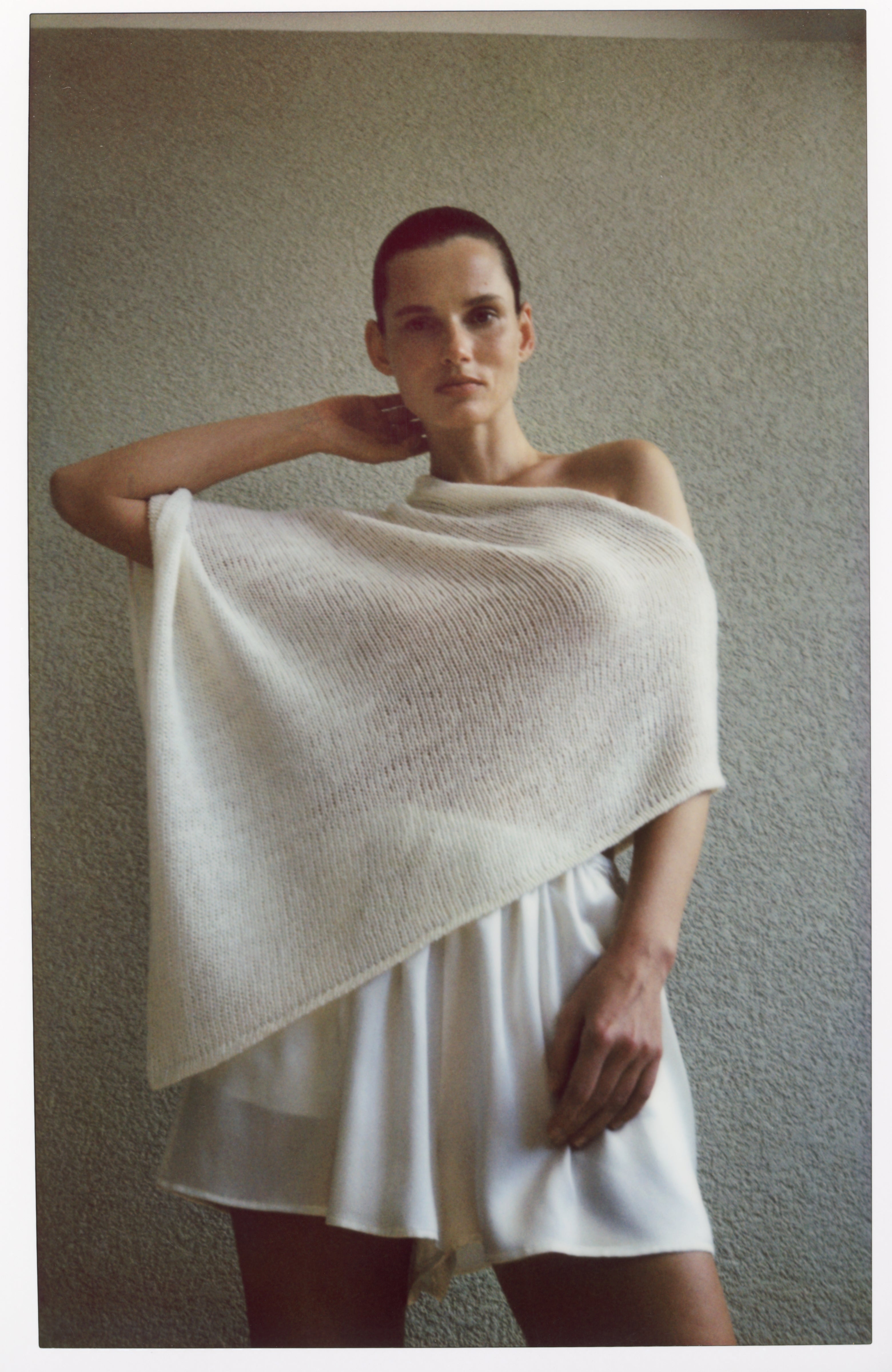 Linen Open Knit Poncho | White