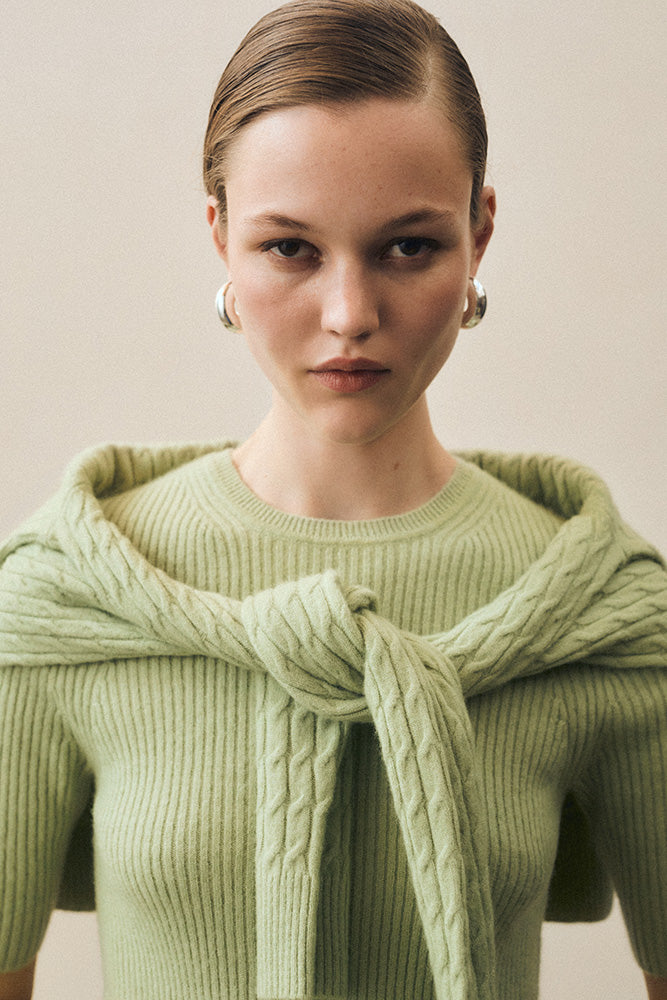 Powder Cashmere Cable Knitted Crew | Sage