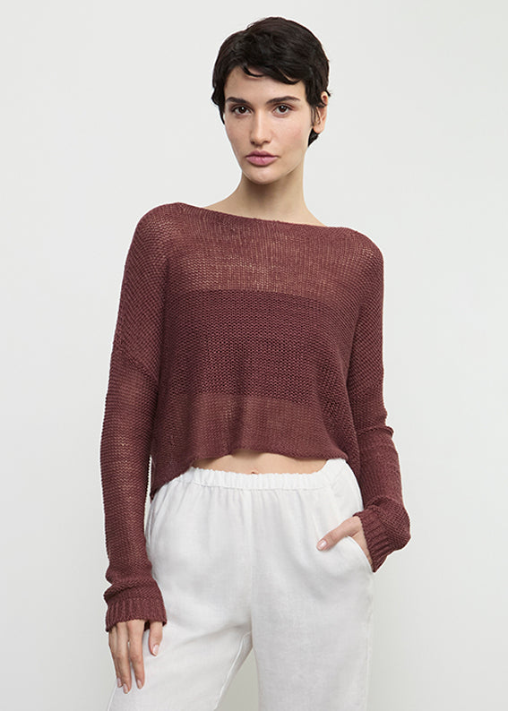 Linen Open Knit Bateau Sweater | Dark Cherry