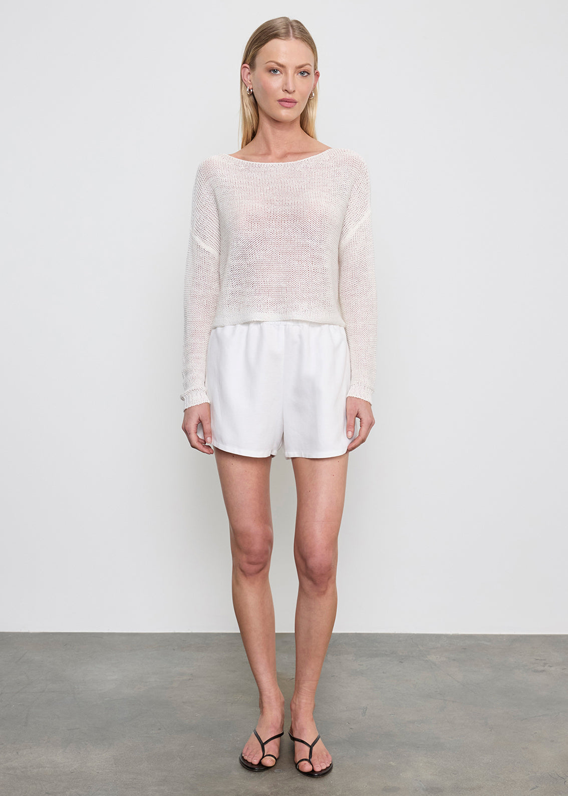 Linen Open Knit Bateau Sweater | White