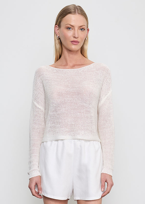 Linen Open Knit Bateau Sweater | White