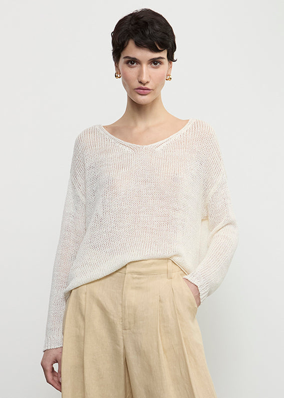 Linen Open Knit Soft V-Neck | White