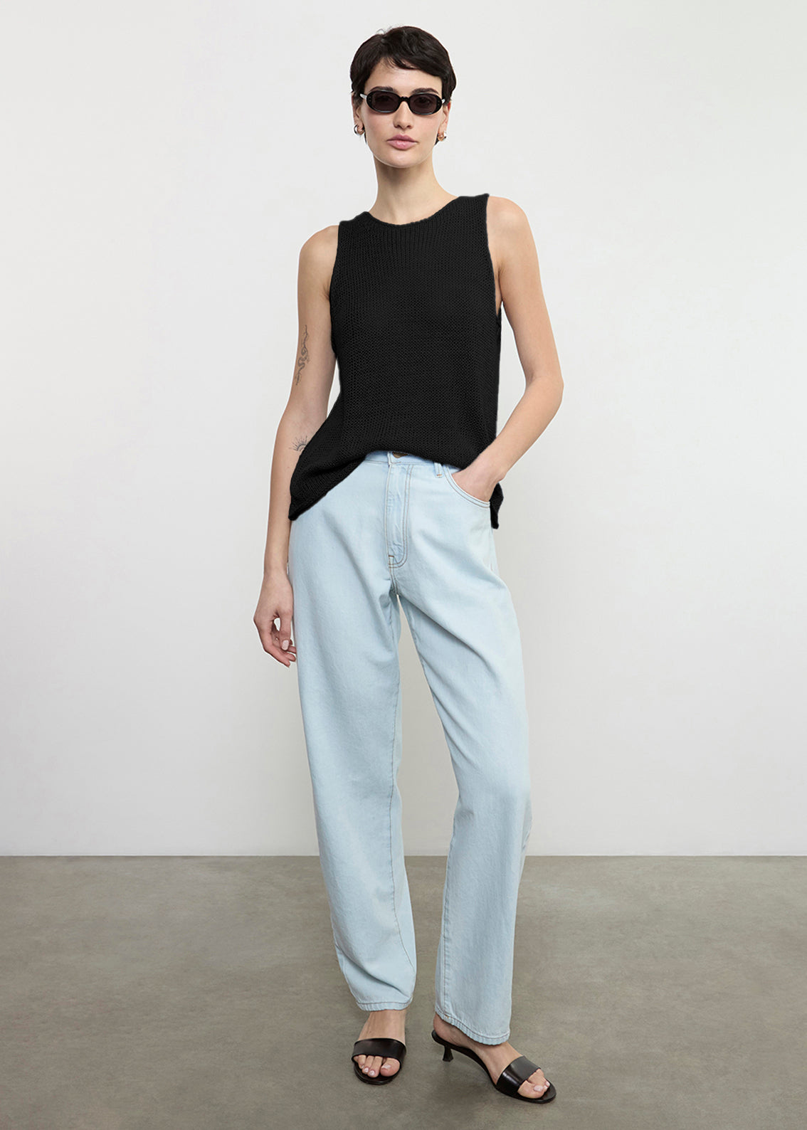 Linen Open Knit Tank | Black