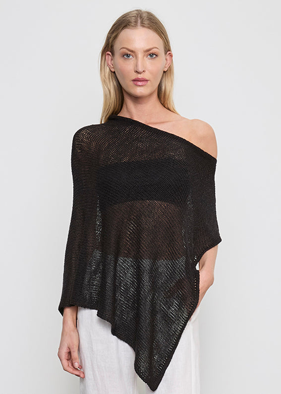 Linen Open Knit Poncho | Black