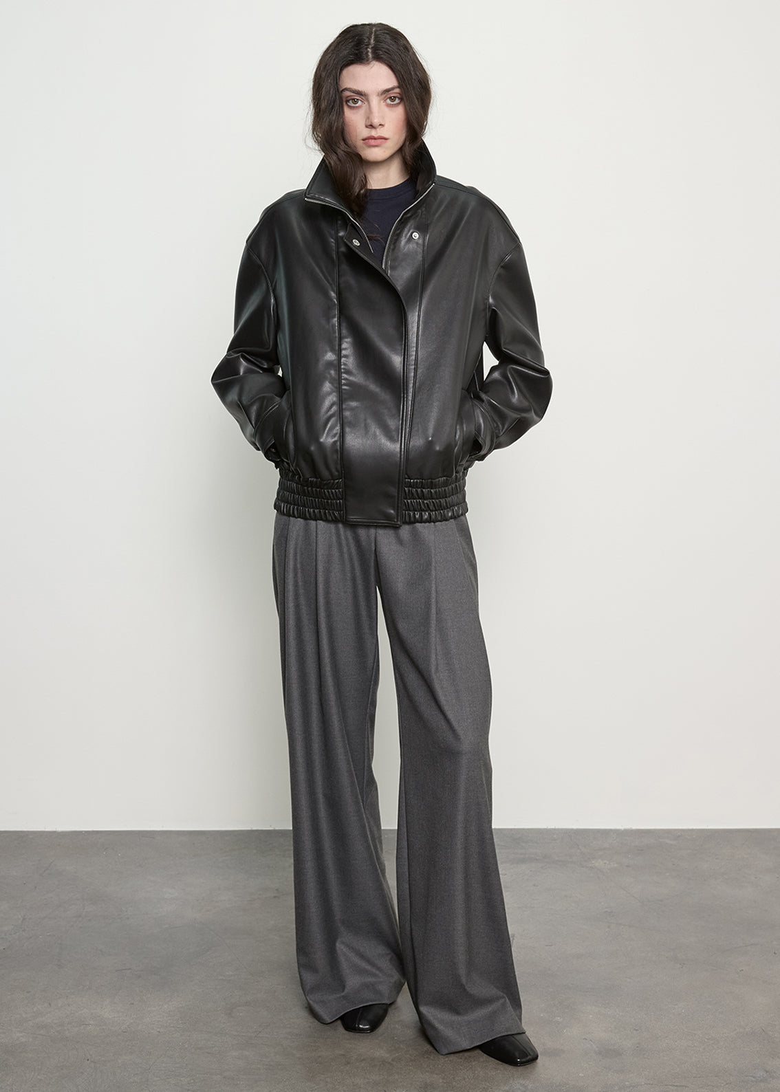 Funnel Neck Leather Jacket | Black