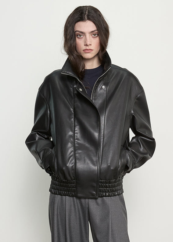 Funnel Neck Leather Jacket | Black