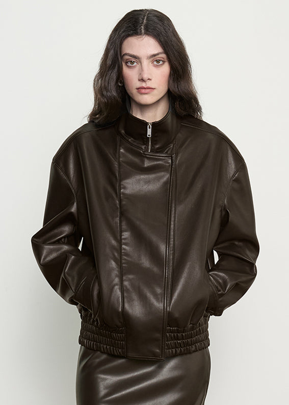 Funnel Neck Leather Jacket | Coffee