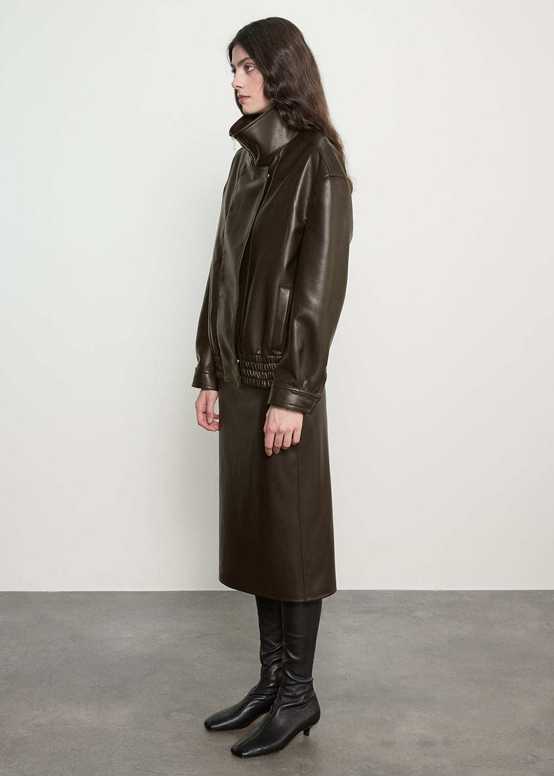 Funnel Neck Leather Jacket | Coffee