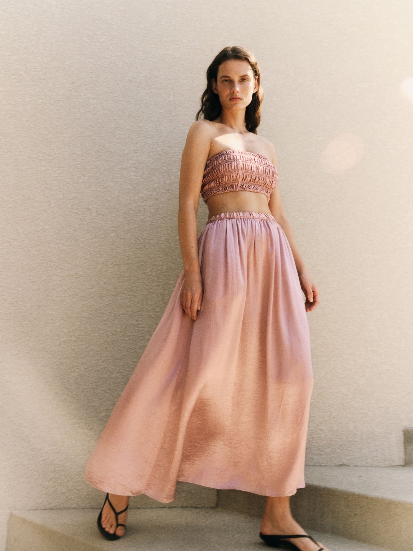 Textured Satin Smocked Top | Rose Blush