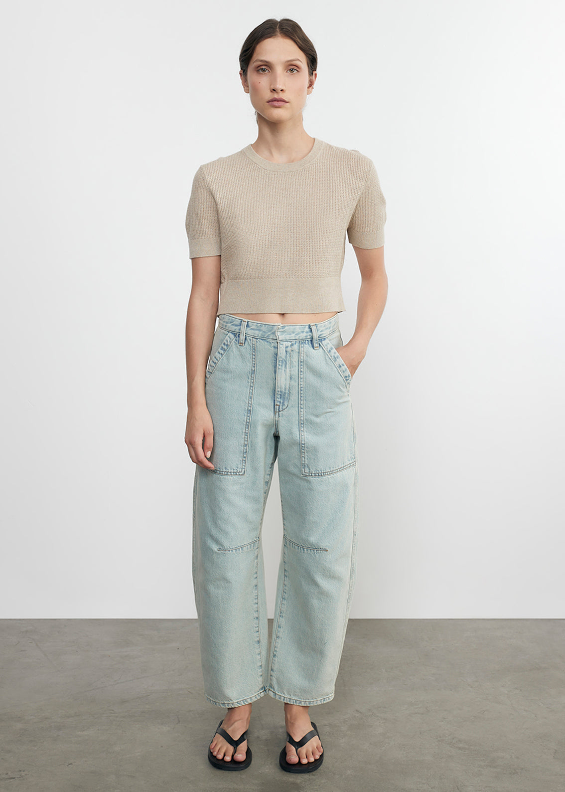 linen open knit cropped s/s in basalt 