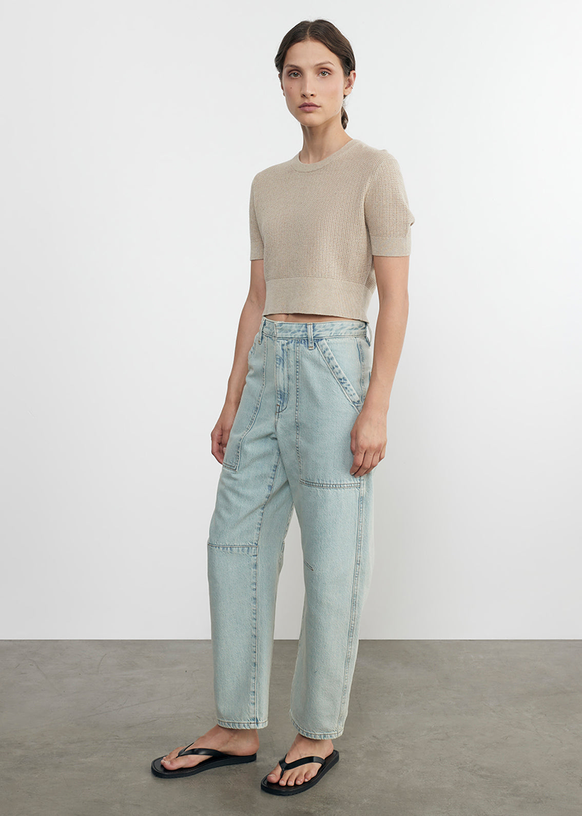 linen open knit cropped s/s in basalt 