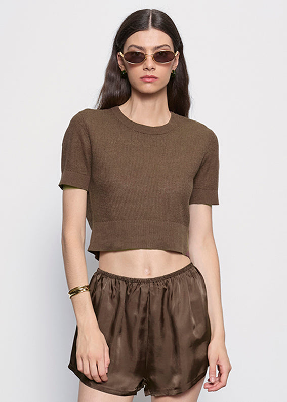 Linen Open Knit Cropped S/S | Chocolate
