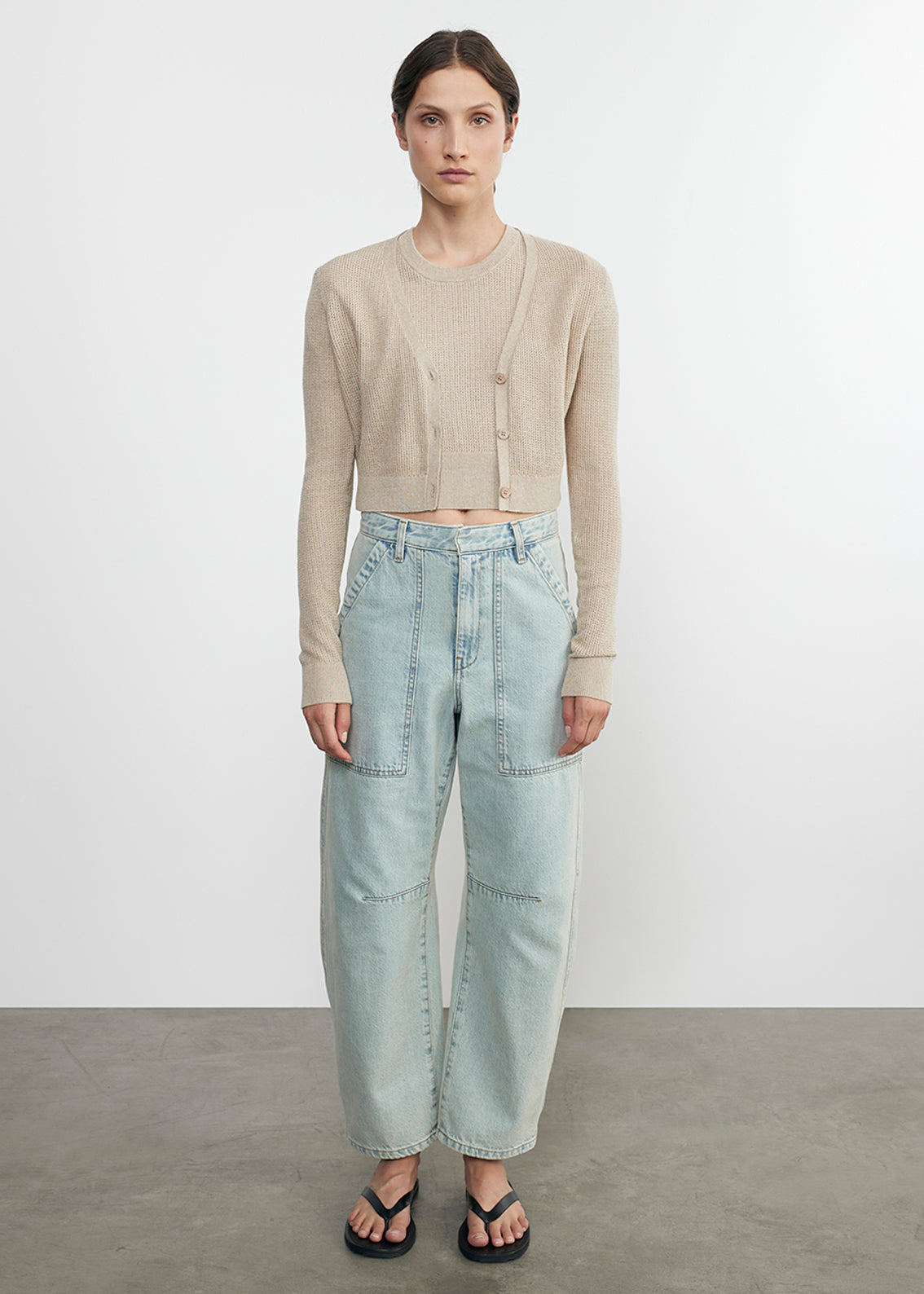 linen open knit cropped v neck cardigan in basalt