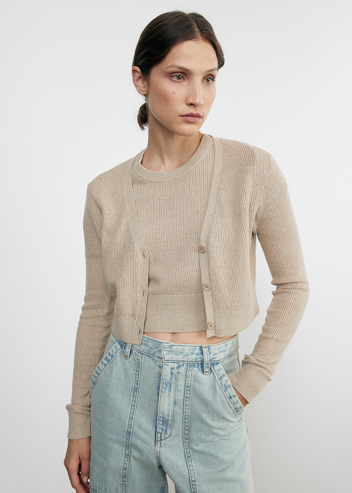 linen open knit cropped v neck cardigan in basalt