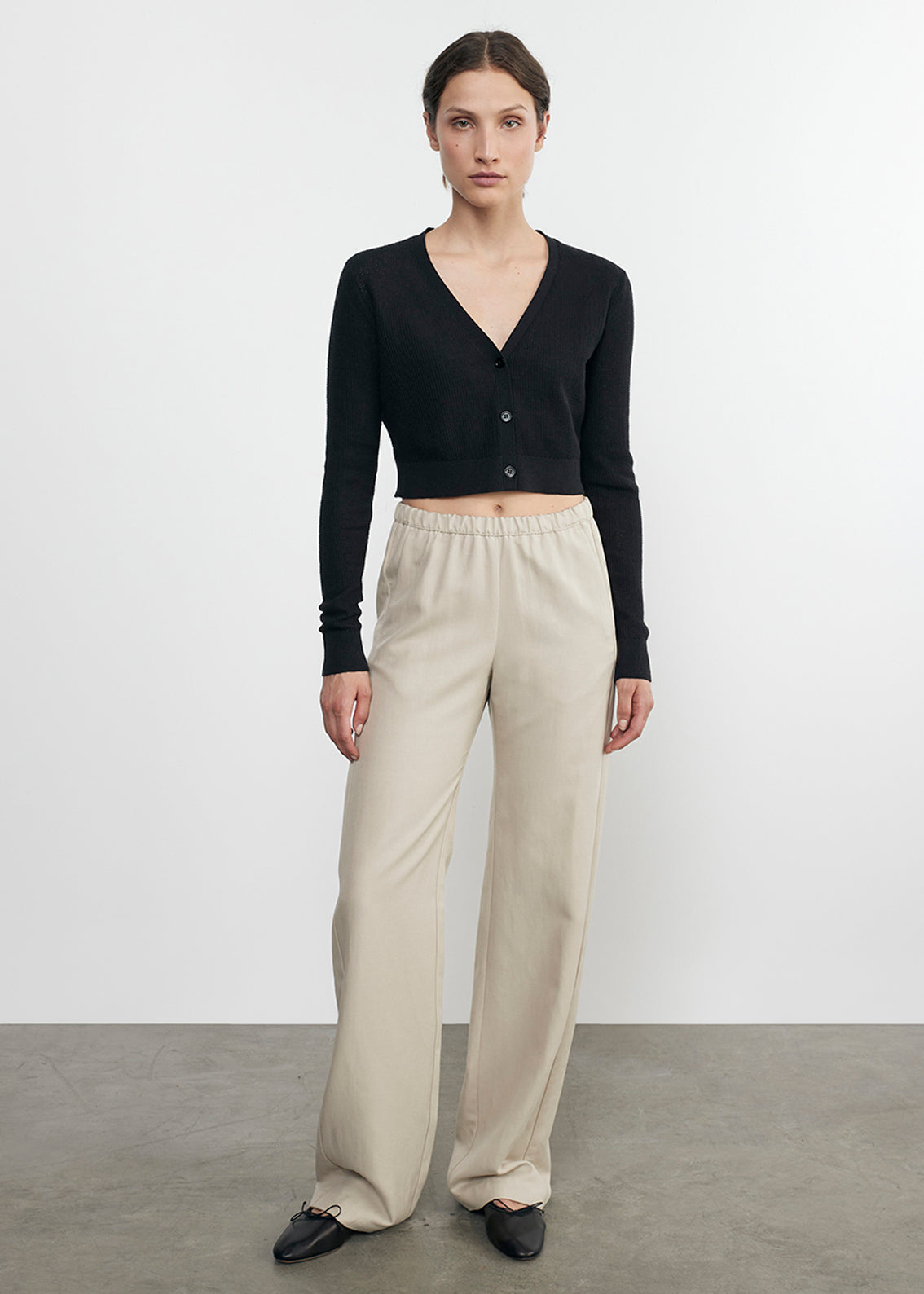 linen open knit cropped v neck cardigan in black 