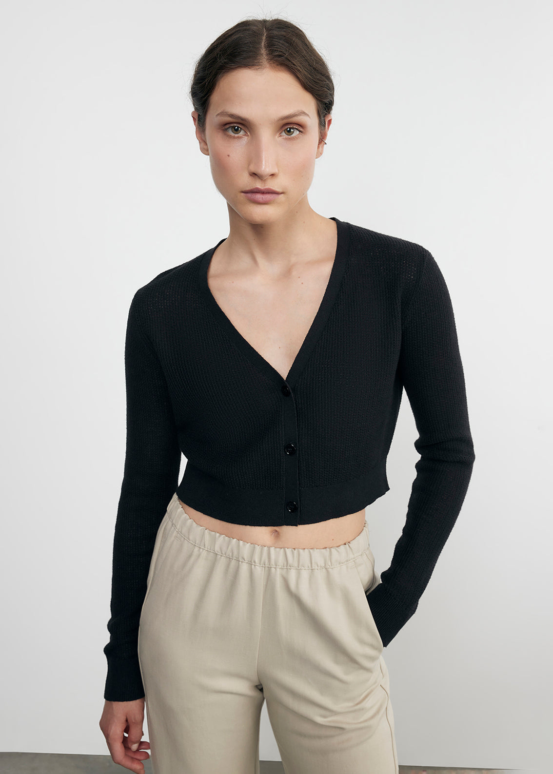 linen open knit cropped v neck cardigan in black