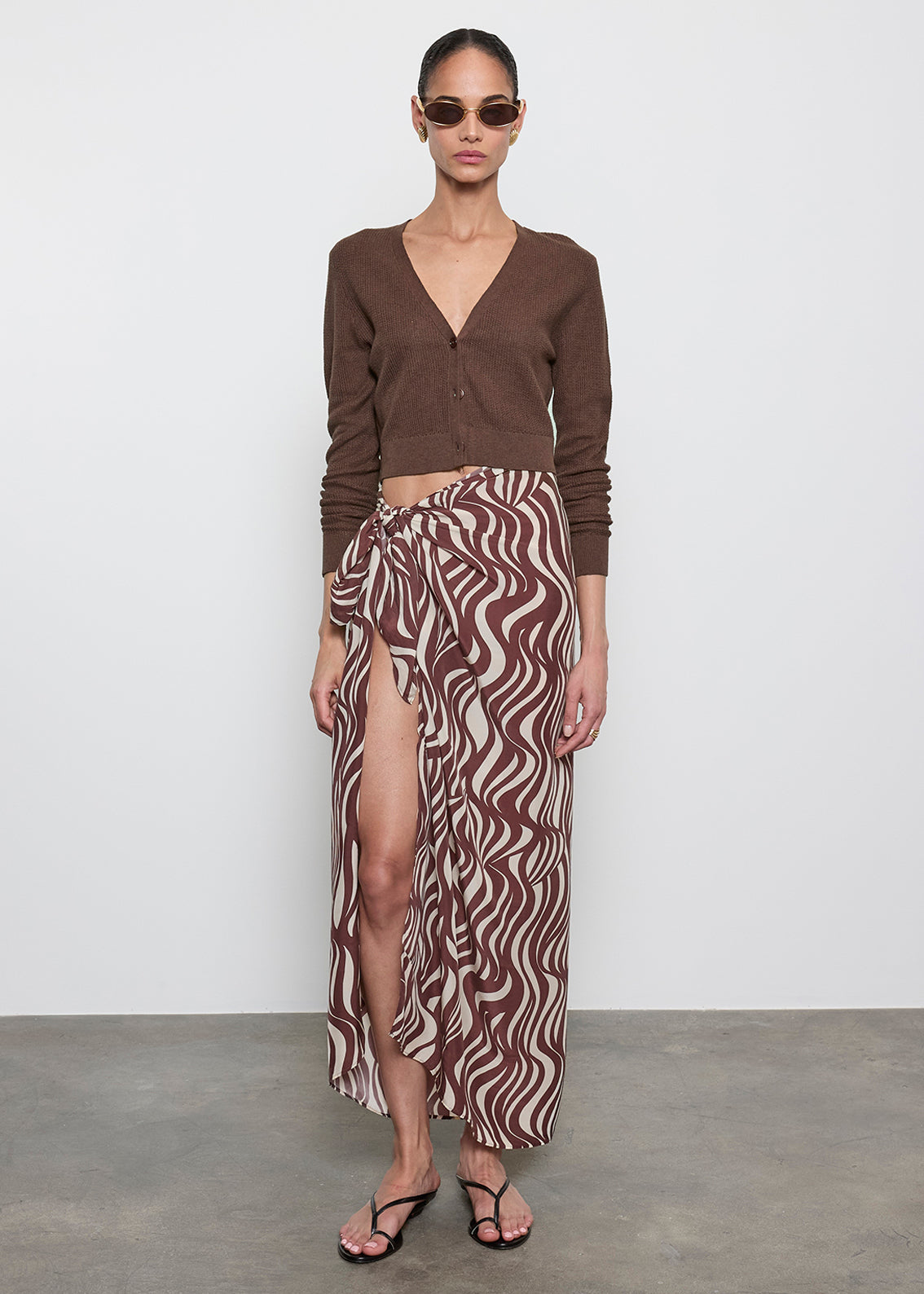 Linen Open Knit Cropped V Neck Cardigan | Chocolate – Enza Costa