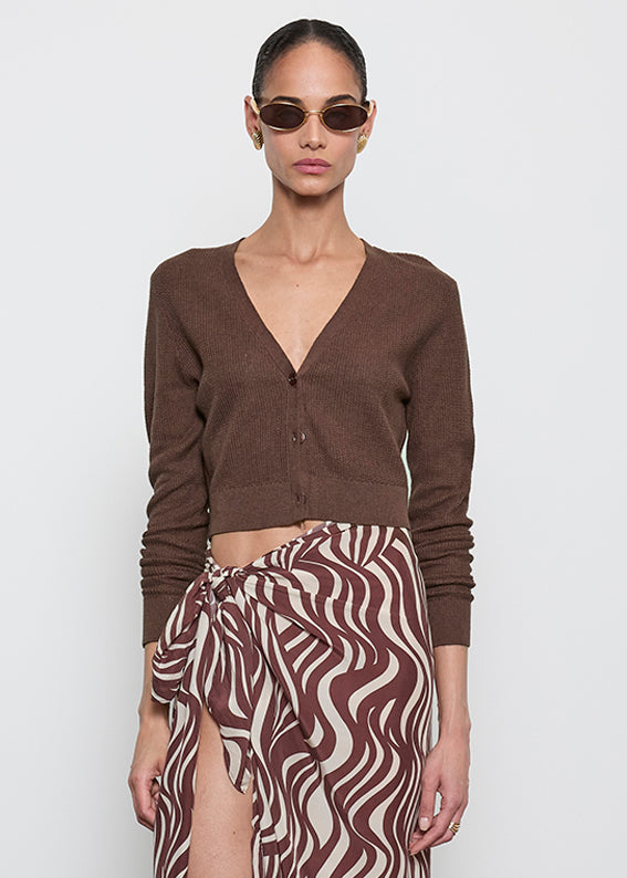 Linen Open Knit Cropped V Neck Cardigan | Chocolate