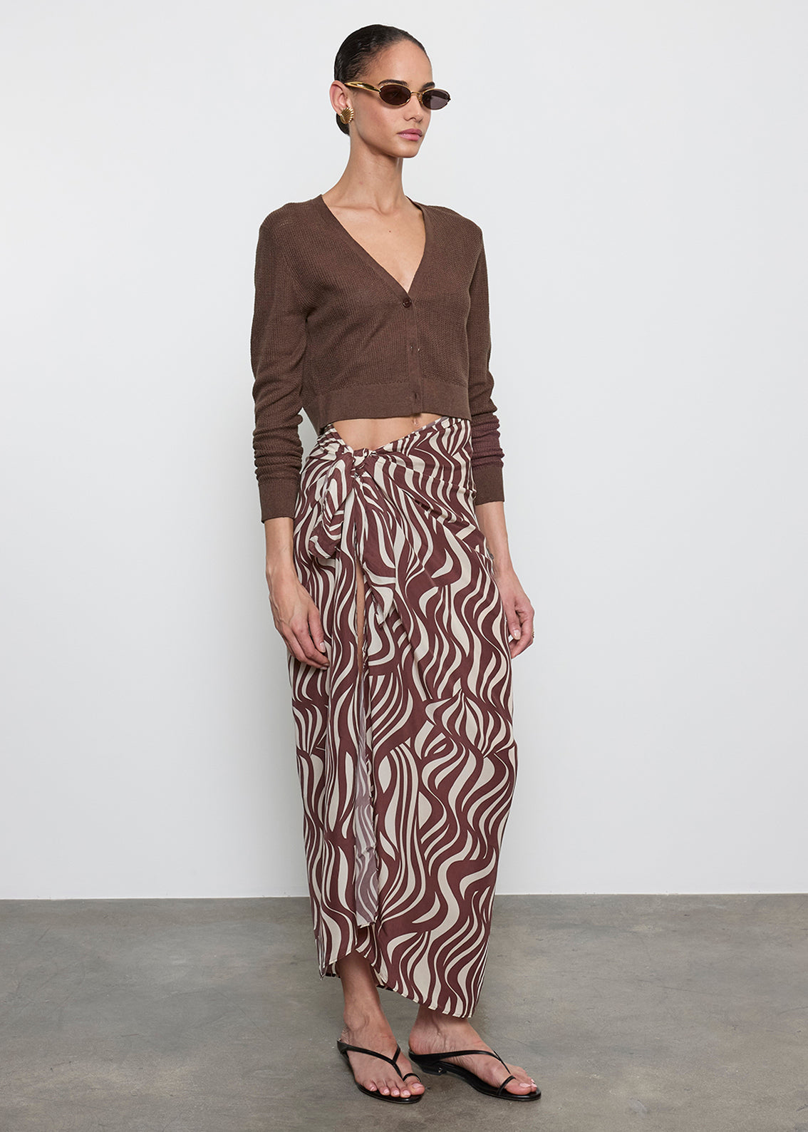 Linen Open Knit Cropped V Neck Cardigan | Chocolate