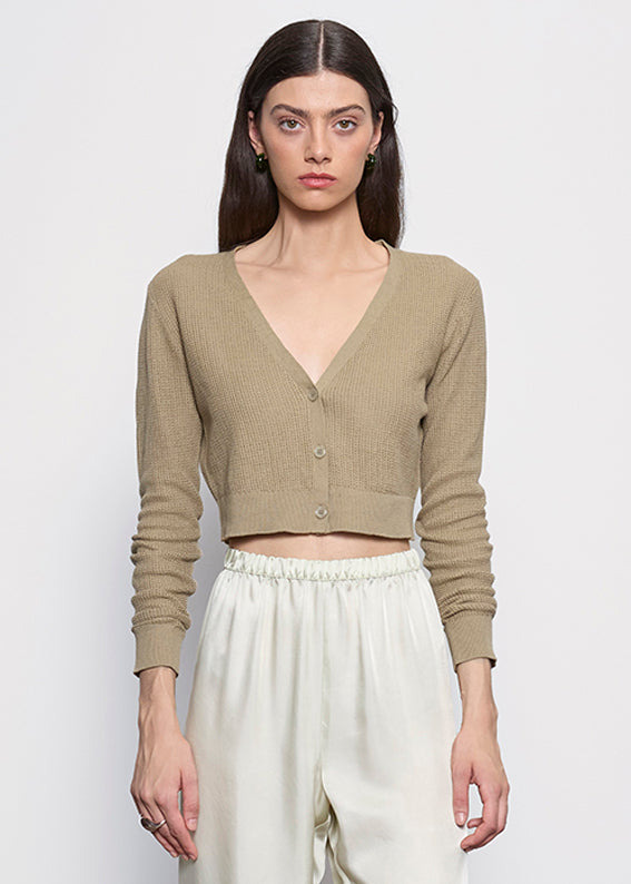 Linen Open Knit Cropped V Neck Cardigan | Moss