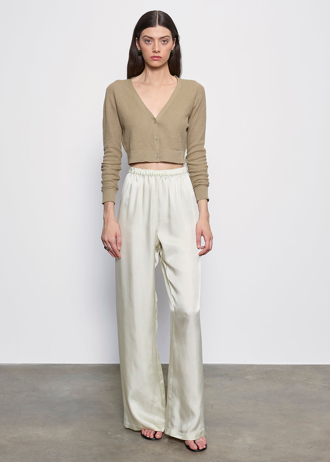 Linen Open Knit Cropped V Neck Cardigan | Moss – Enza Costa