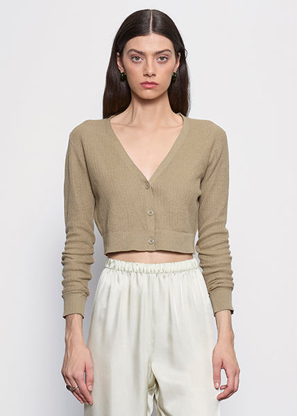Linen Open Knit Cropped V Neck Cardigan | Moss – Enza Costa