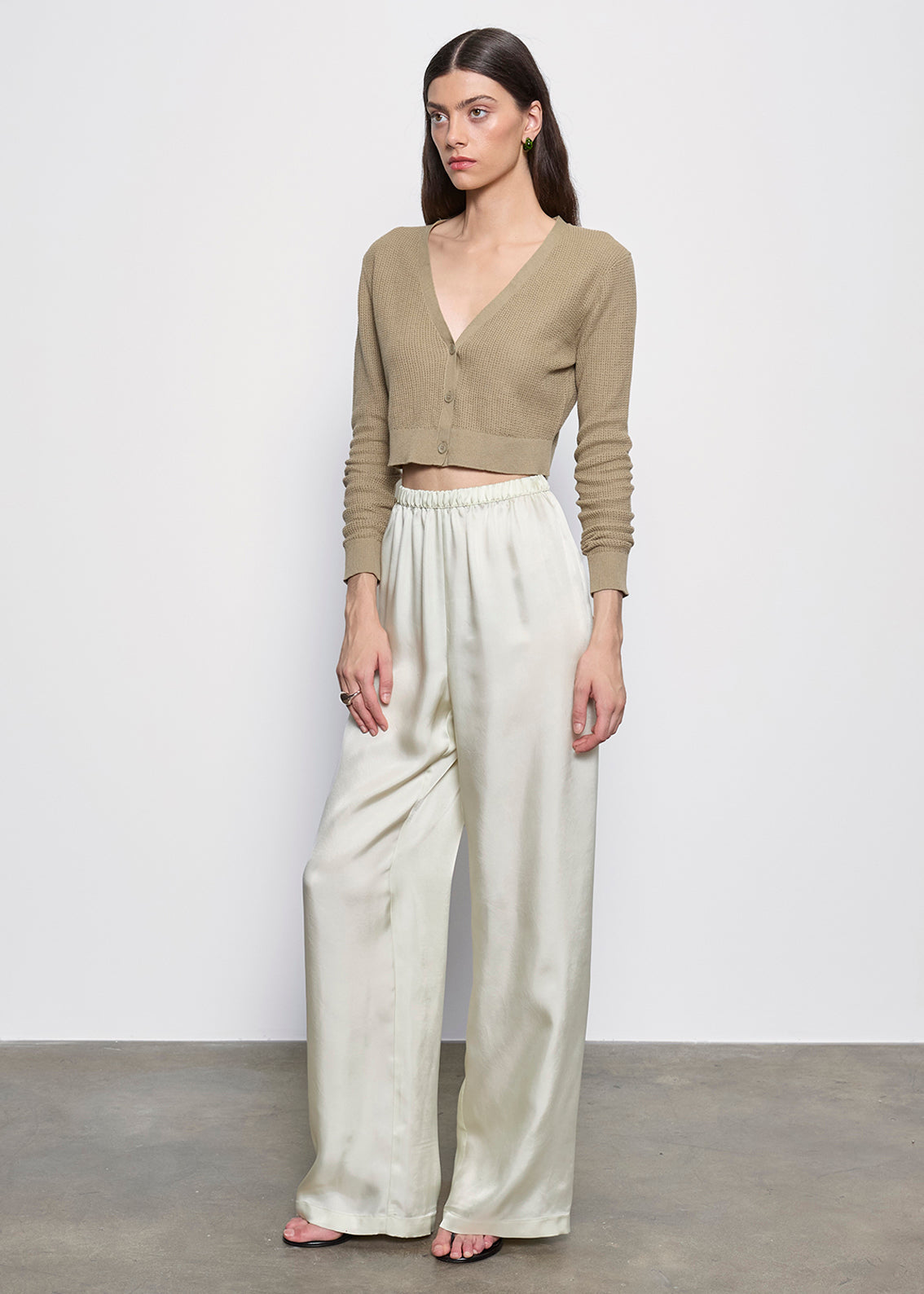 Linen Open Knit Cropped V Neck Cardigan | Moss