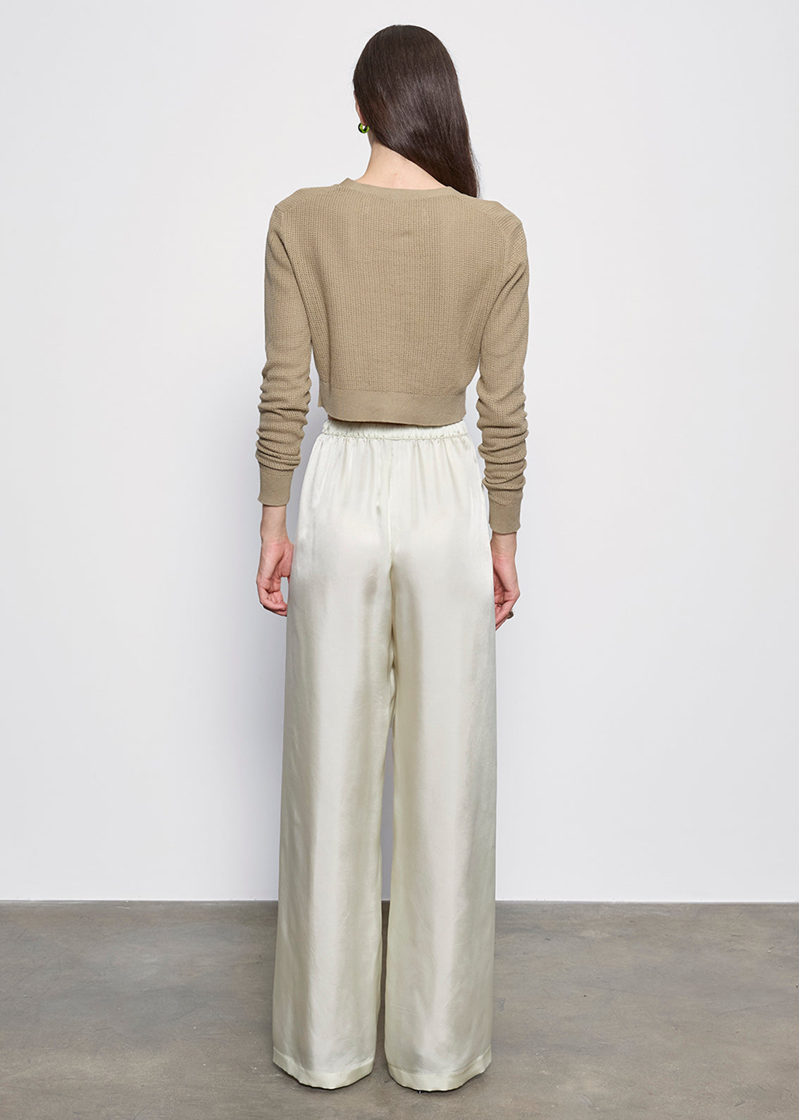 Linen Open Knit Cropped V Neck Cardigan | Moss