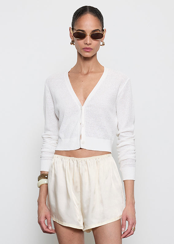 Linen Open Knit Cropped V Neck Cardigan | Off White