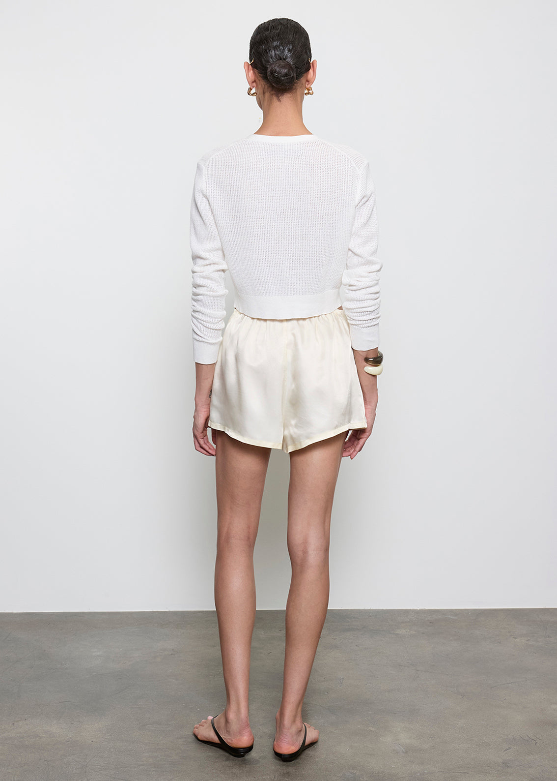 Linen Open Knit Cropped V Neck Cardigan | Off White
