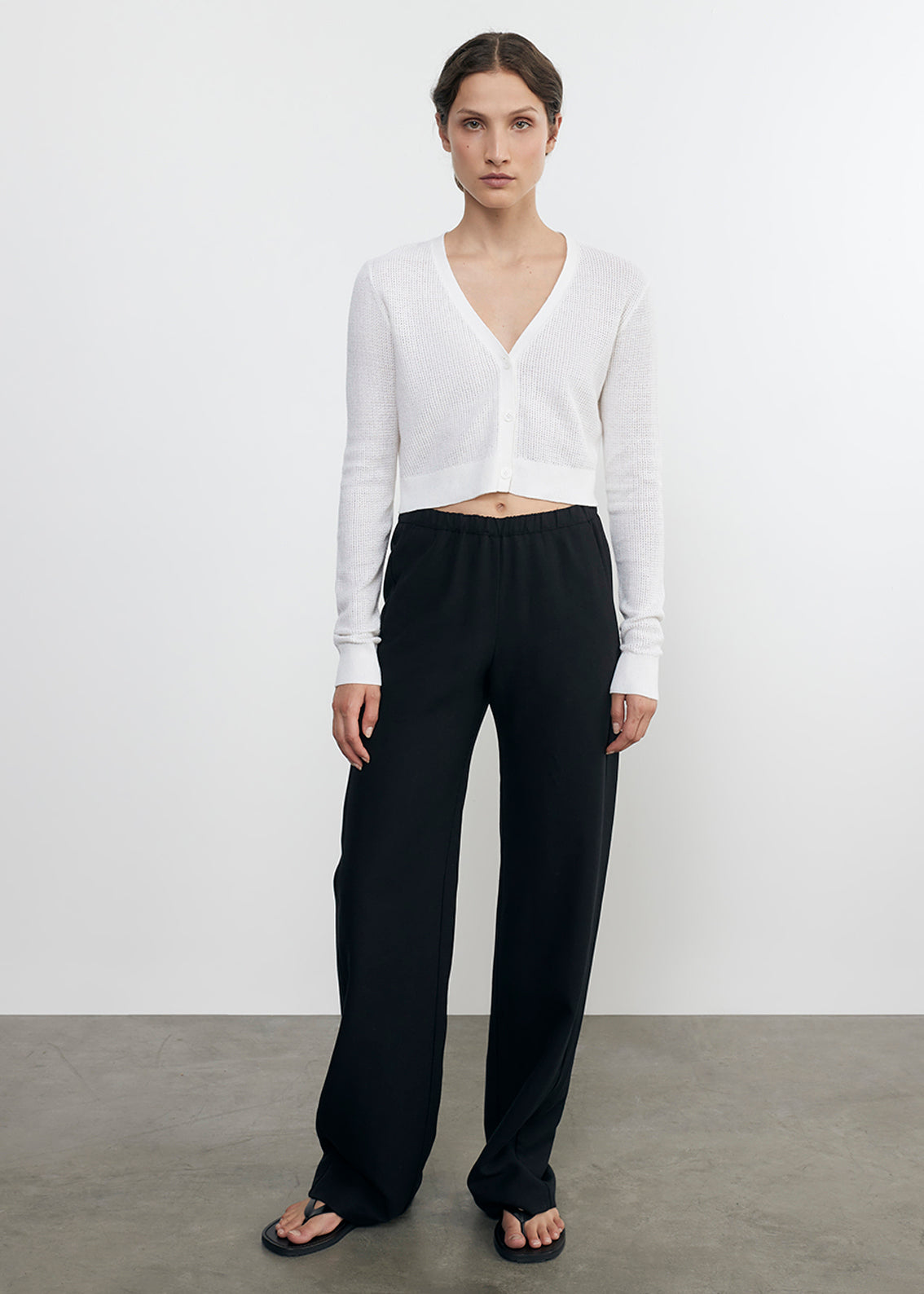 linen open knit cropped v neck cardigan in white