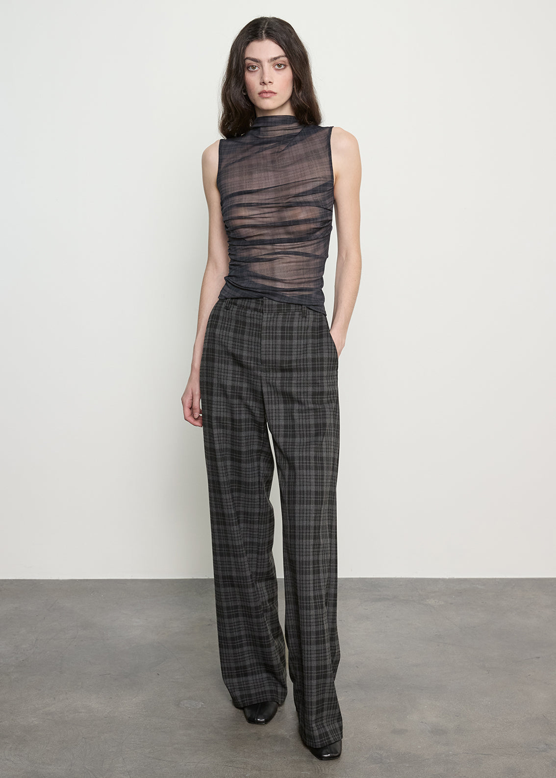 Plaid Mesh Sleeveless Twist Top | Shadow Plaid