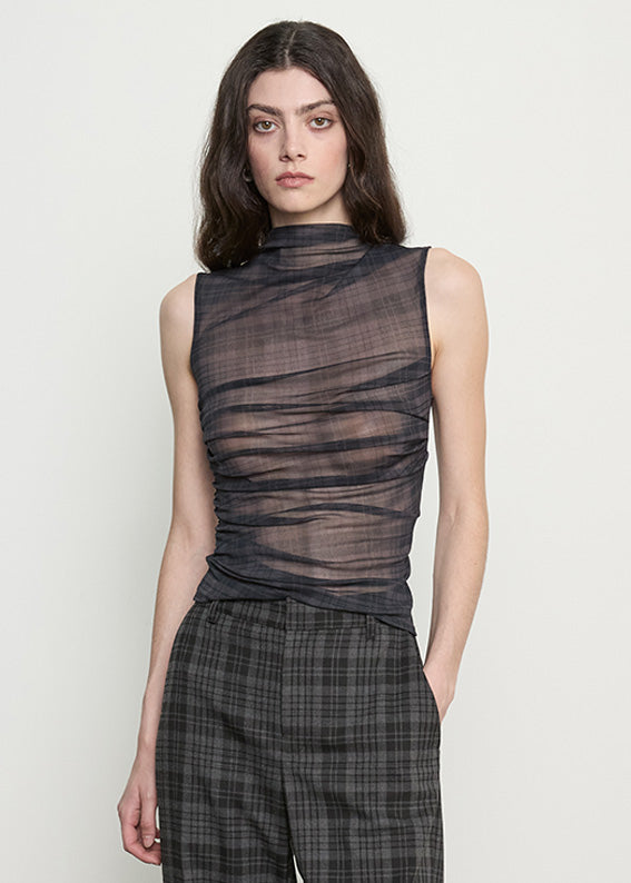 Plaid Mesh Sleeveless Twist Top | Shadow Plaid