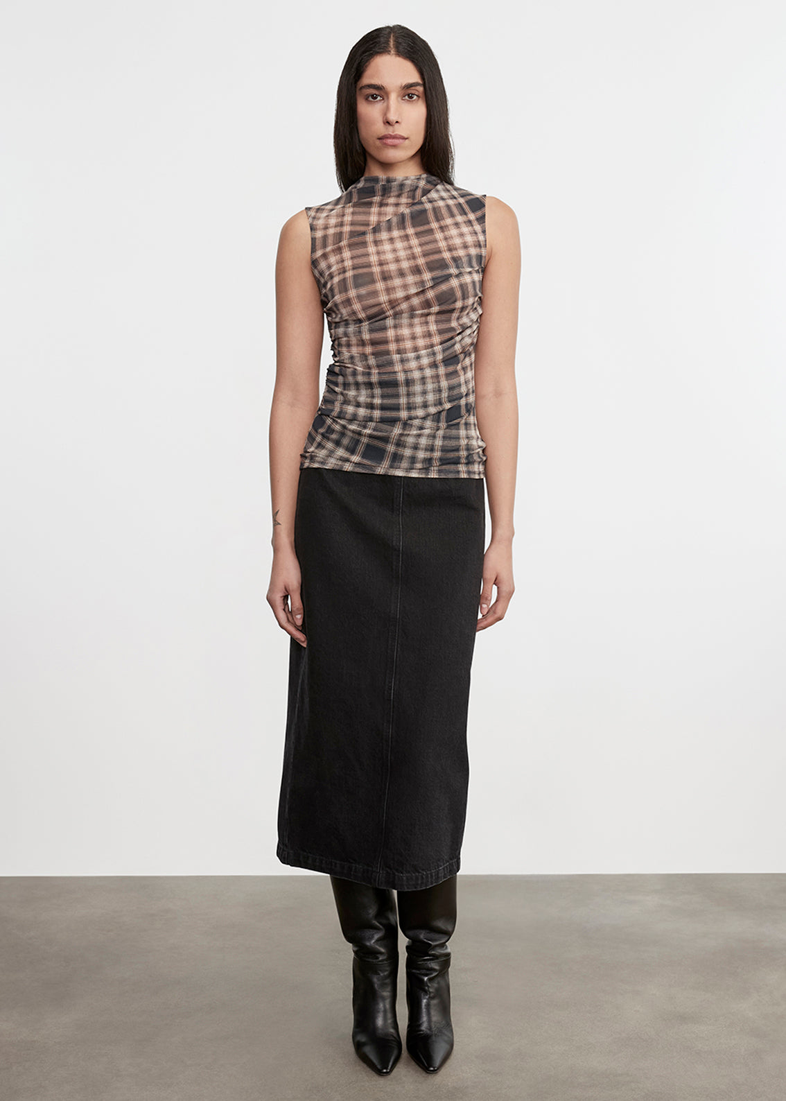 Plaid Mesh Sleeveless Twist Top | Plaid