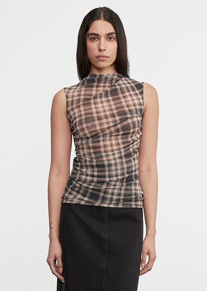 トップス KASHIKO ribbon paneled sleeveless Plaid Mesh Sleeveless Twist Top | Plaid – Enza Costa