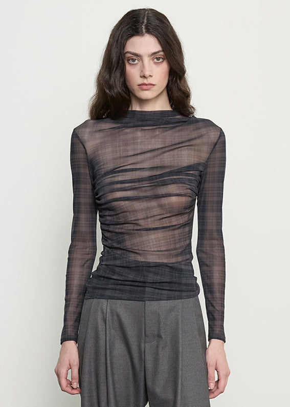 Plaid Mesh L/S Twist Top | Shadow Plaid