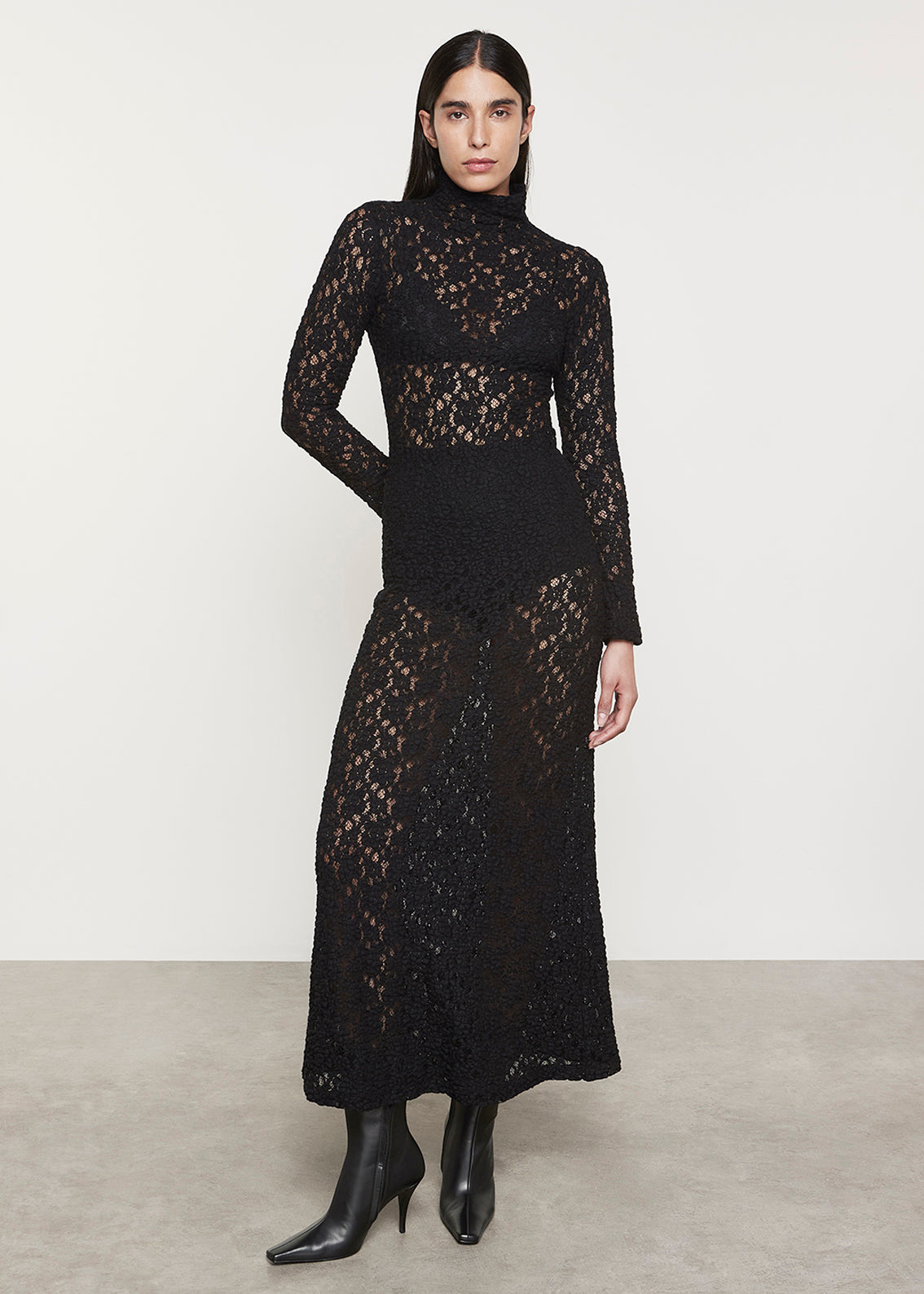 Puckered Lace Mock Neck Dress | Black