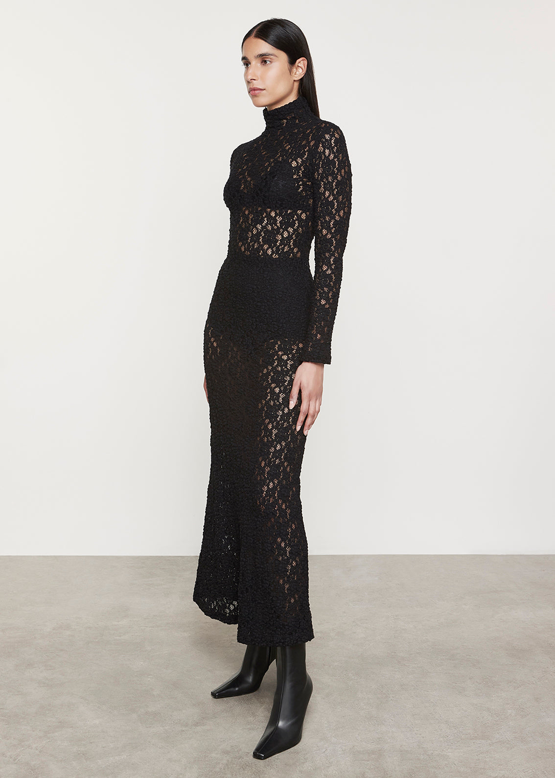 Puckered Lace Mock Neck Dress | Black