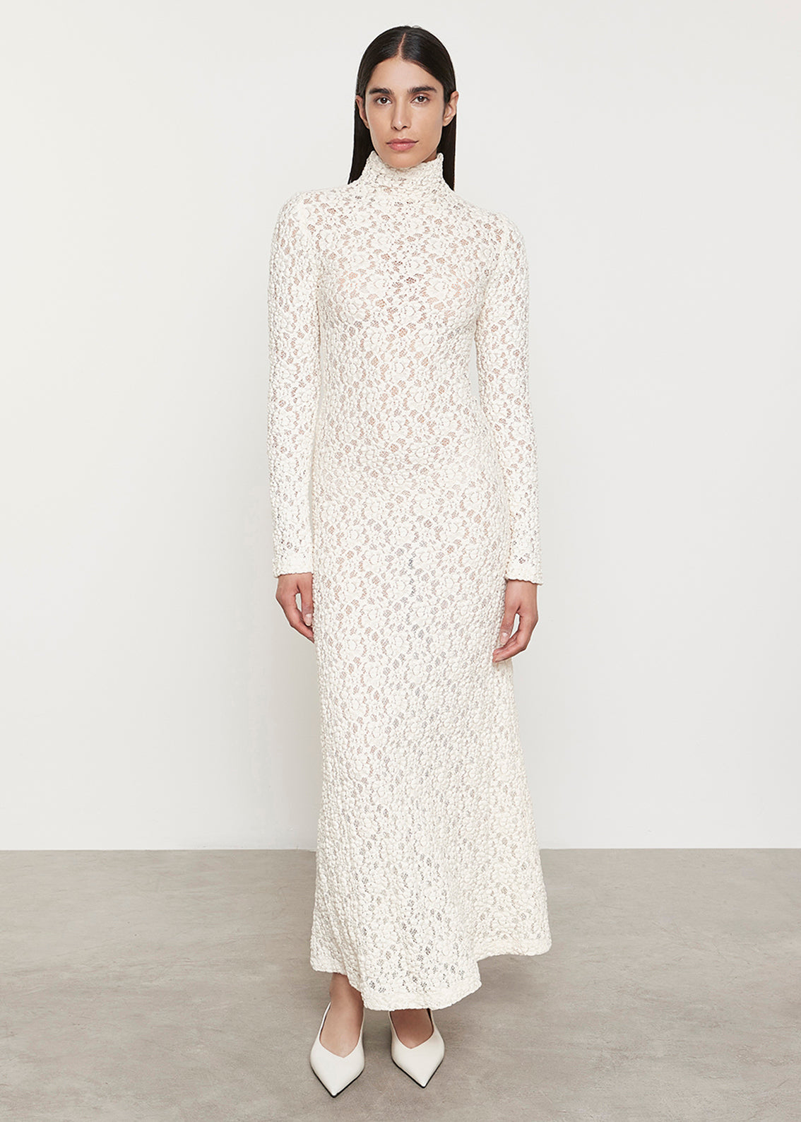 Puckered Lace Mock Neck Dress | Off White