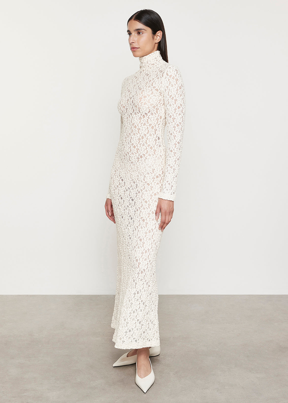 Puckered Lace Mock Neck Dress | Off White