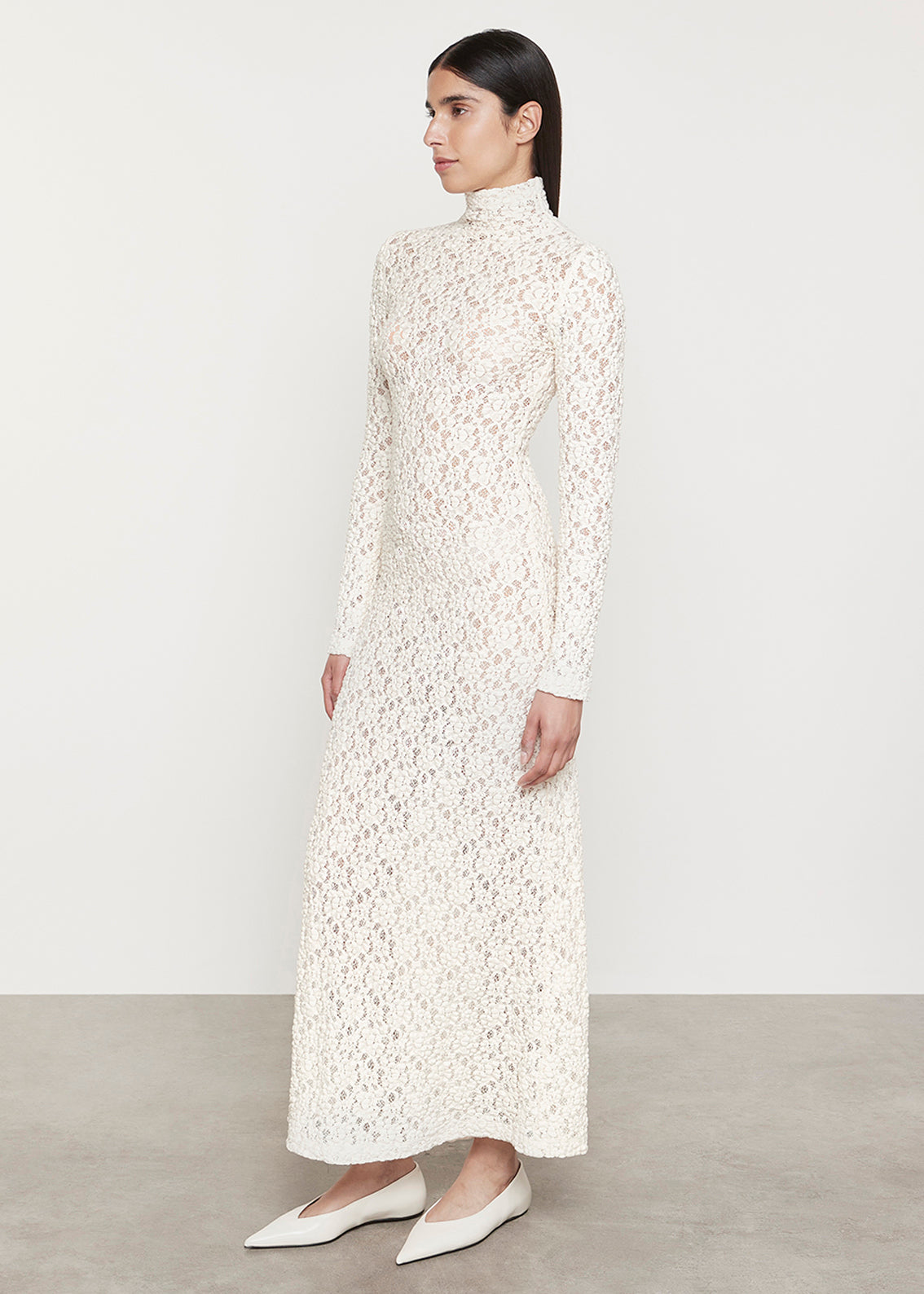 Puckered Lace Mock Neck Dress | Off White