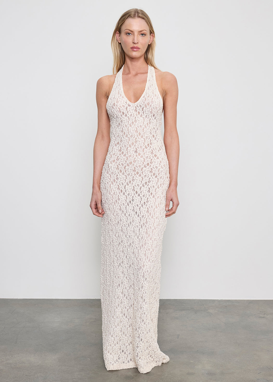 Puckered Lace Halter Dress | Off White