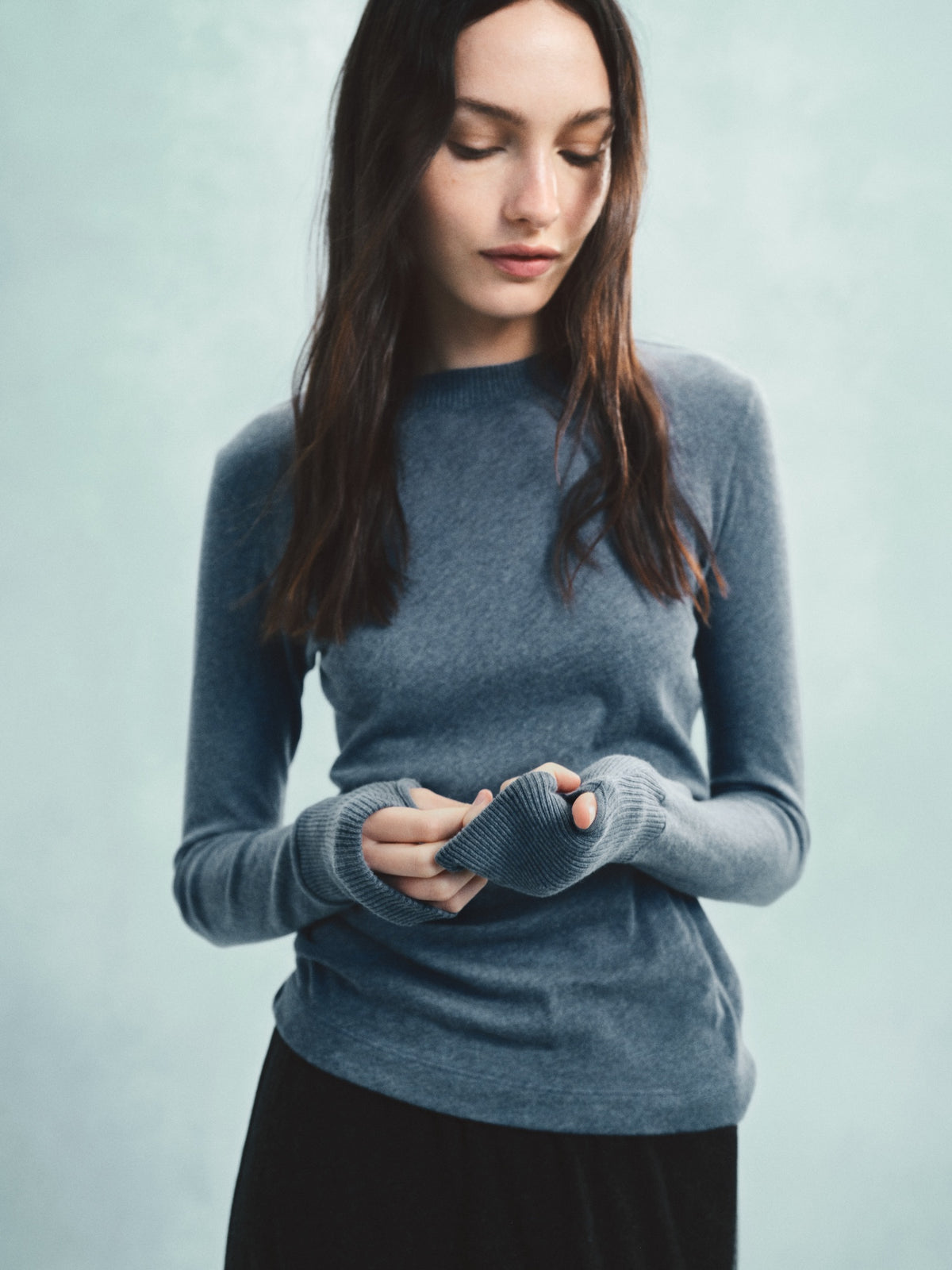 Fine Cashmere Jersey Easy Cuffed Crew | Steel Blue