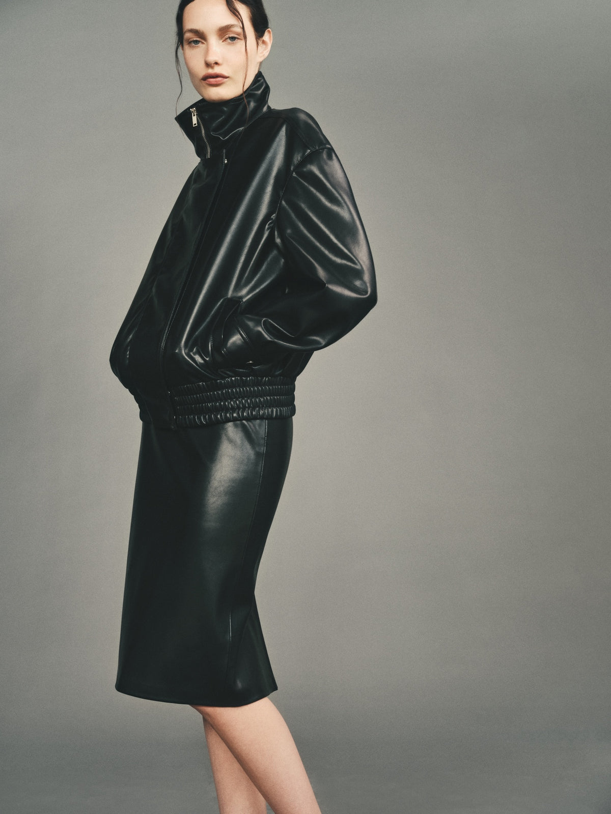 Funnel Neck Leather Jacket | Black